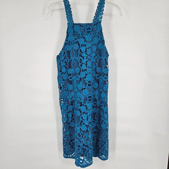 Sugar + Lips Midi Dress Small Blue Floral Lace Overlay Sleeveless Stretch NEW - Picture 2 of 11
